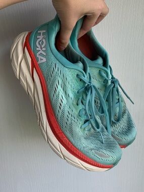HOKA Clifton 8 women's running shoe in the Aquarelle/Eggshell Blue color